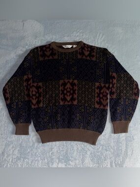 Vintage Mens Knit Sweater Entourage Size M Purple Brown 90's Crew Neck